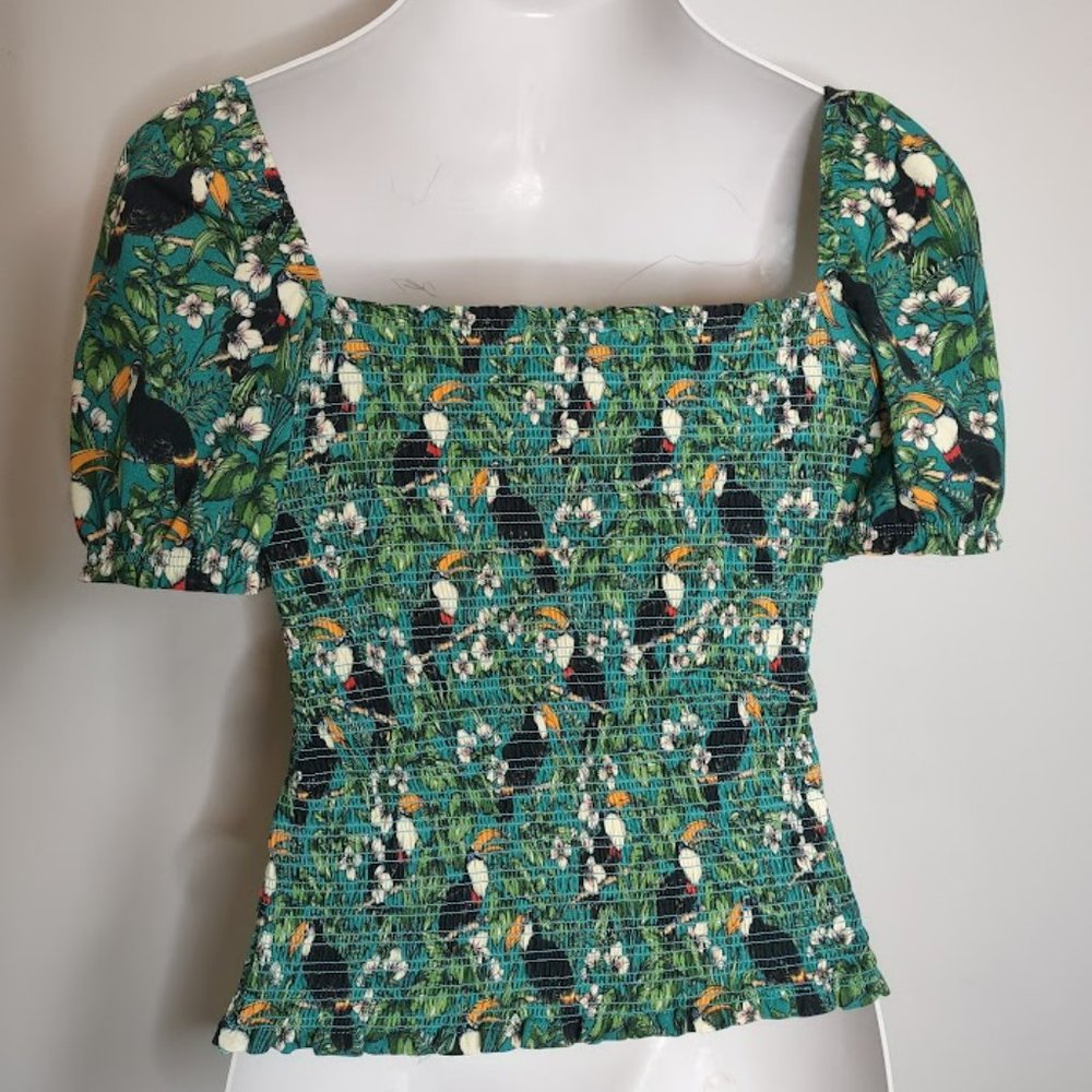 Dolan Left Coast Green Smocked Puffy Sleeve Tropical Print Summer Top - Picture 7 of 11